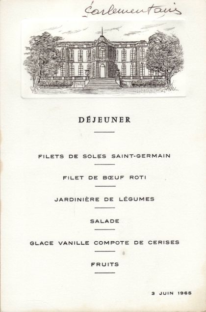 Déjeuner du 03 juin 1965 Filets de Soles Saint-Germain Filet de boeuf Rôti Jardinière de Lègumes Salade Glace Vanille Compote de Cerises Fruits