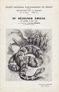 39e Déjeuner Amical Samedi 07 juin 1952 Présidence de M. André Maurois Soupe de Serpents a Sonnettes Salade de Truffes Blanches Crevettes d‘Indo-chine Thon Blanc doré au four Mulets de Mauritanie Saucisses de Sanglier d‘Indo-chine a la Courge de Siam Broccoli di Rapa Pousses de Bambou de Hong-Kong Cuissot de Daim aux Trompettes des Morts Muzarelli Sorbets a l‘Ananas Avocats - Mangues Apéritif Bortol Sylvaner blanc Château Grand Saint-Estèphe 1949 Charmes Chambertin 1948 Champagne Baé brut 1948 Grand Marnier Cordon Rouge