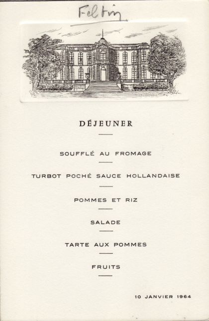 Déjeuner du 10 janvier 1964 Soufflé au Fromage Turbot poché sauce Hollandaise Pommes et Riz Salade Tarte aux Pommes Fruits