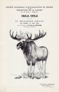 41e Déjeuner Amical Samedi 12 juin 1954 Présidence de M. Maurice Genevoix Buisson d‘Ecrevisses Américaines Gombos sauce tomate Mérou Bronze Civet de Ragondin sauce Chasseur Poireau-Ail Purée d‘Igname Elan du Canada Probolone Glace à la Noix de Coco Papayes Cinzano - Eortol Pouilly Fuissé 1953 Château Lyonnat (Lussac St Emilion 1948) Moulin à Vent 1953 Champagne Bae Brut Café Grand Marnier Cordon Rouge
