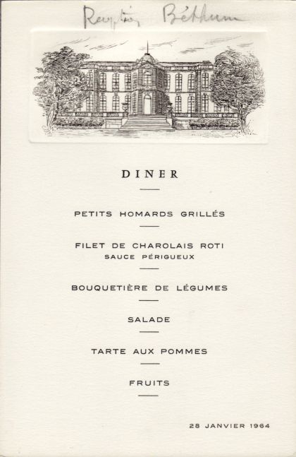 Dîner du 28 janvier 1964 Petits homards grillés Filet de charolais rôti sauce périgueux Bouquetière de légumes Salade Tarte aux pommes Fruits