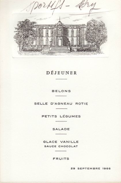Déjeuner du 29 septembre 1966 Belons Selle d‘agneau rôtie Petits légumes Salade Glace vanille sauce chocolat Fruits