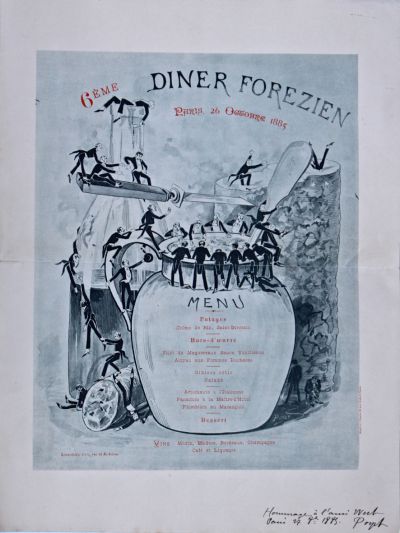Dîner du 26 octobre 1885 6ème Dîner Forezien Restaurant Lemardelay Paris Illustration Poyet