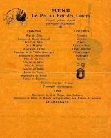 Le Restaurant SABATIER<br />(Auguste SABATIER fut député de Paris)<br />Le club des Coïons invite ses adhérents à un pot au feu familial<br /><br />Plat de Côte<br />Langue de boeuf demi-sel<br />Jarret de veau<br />Os à Moëlles<br />Saucisson à l‘Ail<br />Saucisse de la Vieille Auvergne<br />Andouille et Andouillette<br />Tête de Cochon<br />Pied du même<br />Queue de Boeuf<br />Jarret de Vache<br />Mignonette de Bélier<br />Poules et Poulets<br />Pommes sautées "A cru"<br />Fromages automatiques<br />
